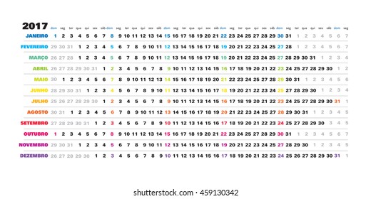 Simple portuguese 2017 calendar - day schedule, vector editable template