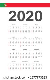Simple Portuguese 2020 year vector calendar. Week starts from Sunday.