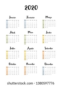 Simple Portuguese Vector Calendar. 2020 Year. Black Letters and Numbers with Stripes of 4 Colors Isolated on a White Background. Simple Business Design Calendar 2020. All Months on One Page.