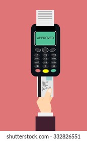 Simple POS terminal with inserted credit card and printed reciept. Modern flat design