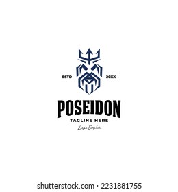 simple poseidon king with trident crown logo icon vector template