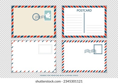 Simple Postal cards. Greetings postcard vector template. Postage card, vintage post stamp, postal postmark, airmail in old style.