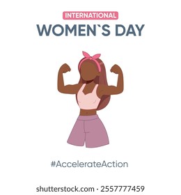 Simple postcard, banner, poster dark-skinned girl shows biceps, strength, action, womens international day