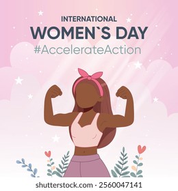 Simple postcard, banner, poster dark-skinned girl shows biceps, strength, action, womens international day