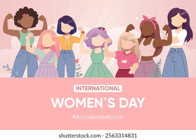 Simple postcard, banner, poster girls show biceps, accelerate action, pink womens international day, diversity