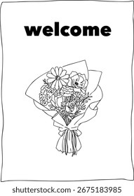 Simple postcard design with hand-drawn line drawing bouquet, welcome, black and white