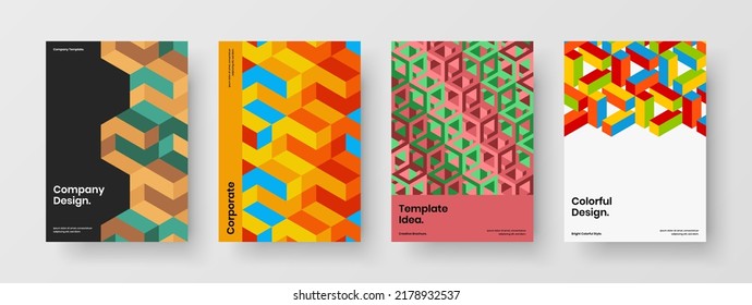 Simple postcard design vector layout bundle. Multicolored geometric pattern book cover illustration composition.