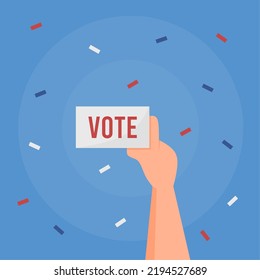 simple poster hand holding a paper that says vote for election day on a blue background