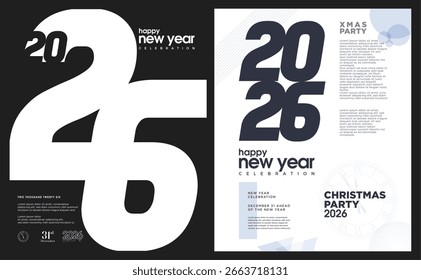 Cartel simple Feliz año Nuevo 2026. Diseño de cartel simple con celebración muy feliz. Diseño para una feliz portada de celebración del Año Nuevo 2026, tarjeta y volante.