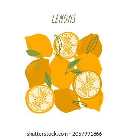 Simple poster with lemons on a white background. Card with citrus fruits. Vector flat illustration