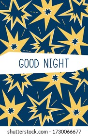 Simple poster with the phrase "Good night" and stars on dark background. Vector postcard