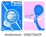 simple poster template for padel competitions, vector graphics, flyer, banner, cover, featuring the ball, racket and padel court, in blue and pink colors