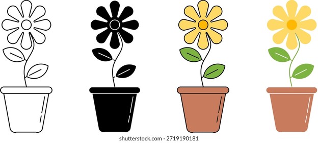 Icono de flor en maceta simple establecido en el contorno, la silueta y el estilo de color plano. Flor amarilla con hojas verdes y maceta de terracota, ilustración para UI, Web, App, educación, jardinería y diseño de la naturaleza.