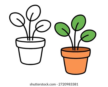 Ilustración sencilla de la planta de la hoja en maceta con una versión coloreada y una versión del contorno, estilo limpio y mínimo conveniente para los iconos, las pegatinas, los gráficos de la planta, el contenido de los niños, y las páginas para colorear.