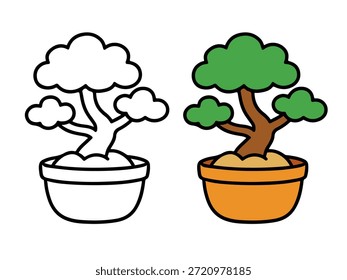Ilustración de árbol en maceta simple con una versión de color y una versión de contorno, estilo limpio y mínimo adecuado para iconos, pegatinas, gráficos de plantas, contenido para niños y páginas para colorear.
