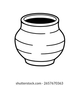 Simple pottery pot or jar in a clean, minimalist line art drawing. An outline icon for home decor, ceramics, or ancient artifacts.
