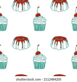 Simple Pound Cake And Cupcake Pattern. Vector Seamless Wallpaper On The White Background. Vintage Retro Style. Blue Cake With Red Cherry Glaze And Cupcake With Cherry On Top. Cafe Menu Design. 