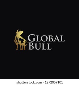 Simple powerful bull cow logo icon vector on black background with earth world mark on body