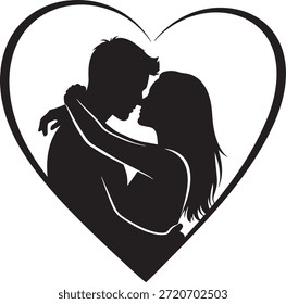 Una ilustración de silueta de Vector simple, potente y limpia que presenta a una pareja amorosa en un abrazo apretado, sus rostros muy juntos, centrados perfectamente dentro de una forma de corazón nítida y de estilo fronterizo. Toda la Imagen se representa en negro sólido sobre un fondo blanco puro, creando un símbolo de afecto fuerte, moderno y altamente versátil.