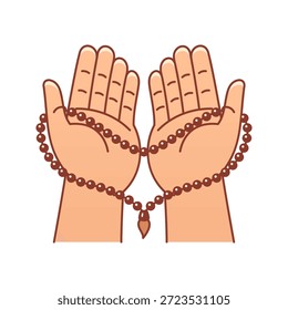 Manos de oración simples que sostienen cuentas de oración aisladas sobre fondo blanco.