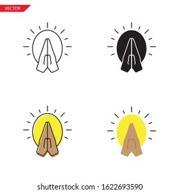 Simple praying hands icon on white background 4 types such as outline, black, color, outline and color. Vector illustration.