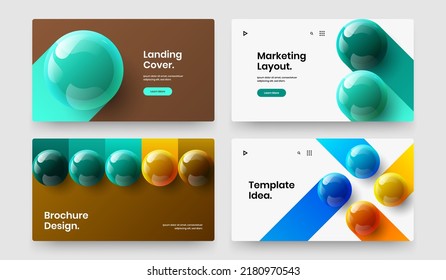 Simple presentation design vector layout bundle. Clean 3D spheres booklet illustration collection.