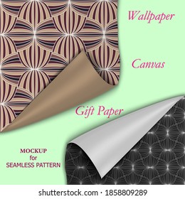 Simple presentation mockup template for repeat pattern. Two 3d pieces of Wallpaper, fabric, or gift wrapping paper. Vector illustration