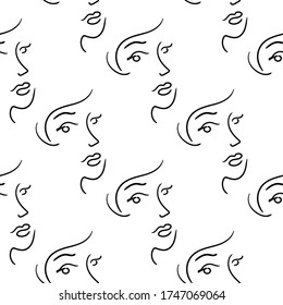 Simple pretty woman faces, title, vector seamless pattern. Black and white.