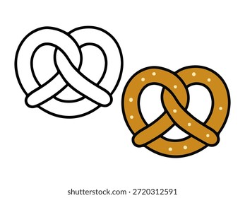 Simples ilustração de pão de pretzel com uma versão colorida e uma versão de contorno, estilo bonito e mínimo adequado para ícones, adesivos, gráficos de alimentos, conteúdo infantil e páginas de coloração.