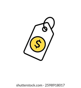 Simple price tag icon with dollar symbol at center. black outline and yellow circle detail for style.