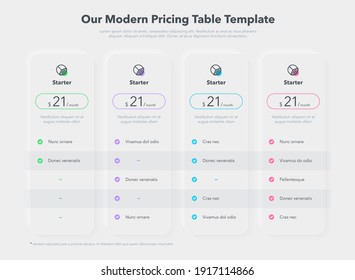 Simple pricing table layout with four subscription plans. Infographic design template for website or presentation.