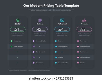 Simple Pricing Table Layout With Four Subscription Plans - Dark Version. Infographic Design Template For Website Or Presentation.