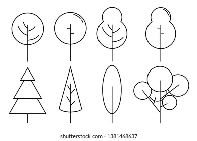 simple primitive forms flat line vector forest plats, trees, bushes and shrubs. Minimalistic linear nature design elements set