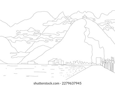 Simple and primitive line art hand drawn illustration of Antalya Konyaalti beach in Türkiye. Mediterranean Sea and mountains