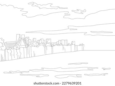 Simple and primitive line art hand drawn illustration of Antalya beach. View on Lara from Konyaalti Türkiye