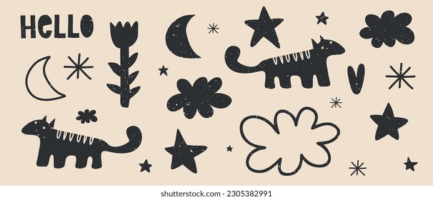 Simple Primitive Style Doodle Print with Black Flower, Stars, Clouds, Heart, Moon and Badger on a Ivory Beige Background. Grunge Infantile Style Vector Illustration ideal for Poster, Wall Art, Card.