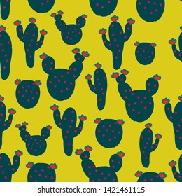 Simple print of cacti. Yellow background, cute cacti with pink flowers . The print is well suited for textiles,banners,Wallpapers and postcards.