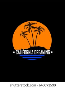 Simple print of palms with orange sun. Vector illustration