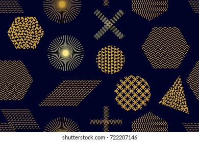 Simple print with parallelograms, crosses, hexagons, triangles and circles. Seamless vector pattern with geometric motifs. Abstract background with golden ornaments. Oriental textile collection.