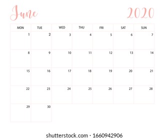 simple printable june calendar 2020 landscape stock vector royalty free 1660942906 shutterstock
