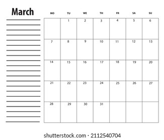 Simple printable March calendar 2022.