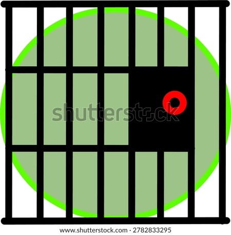 Simple prison jail cell icon with black bars, locked door, and red handle on green circular background. Flat vector symbol for security or confinement themes