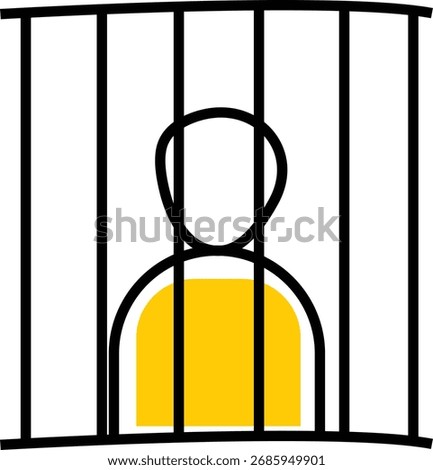 Simple prisoner behind bars illustration, jail inmate in yellow outfit, minimal hand drawn vector art, concept of imprisonment, criminal justice and punishment icon