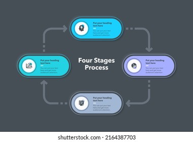 Simple process diagram template with four stages - dark version. Easy to use for your website or presentation.