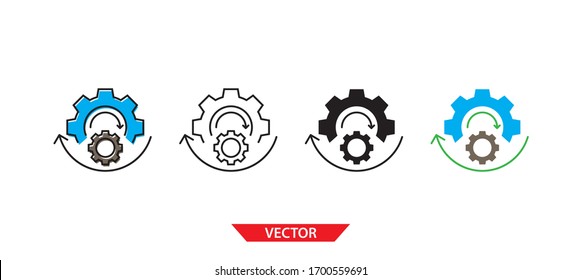 Simple process management icon on white background 4 types such as outline, black, color, outline and color. Vector illustration.