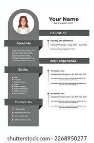 Simple Cv Profesional y currículum con foto y habilidades, experiencia laboral, educación, archivo Vector Eps listo para imprimir, con avatar, edición contable