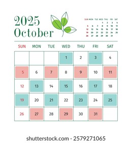 A simple and professional October 2025 calendar featuring nature elements, clean typography, and a structured layout with color-coded highlights for better readability.