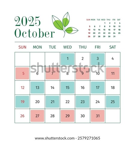 A simple and professional October 2025 calendar featuring nature elements, clean typography, and a structured layout with color-coded highlights for better readability.