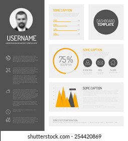 Simple profile dashboard template with flat design graphs and charts