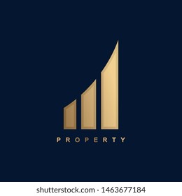 Simple property logo icon building abstract symbol branding golden colors on dark blue background